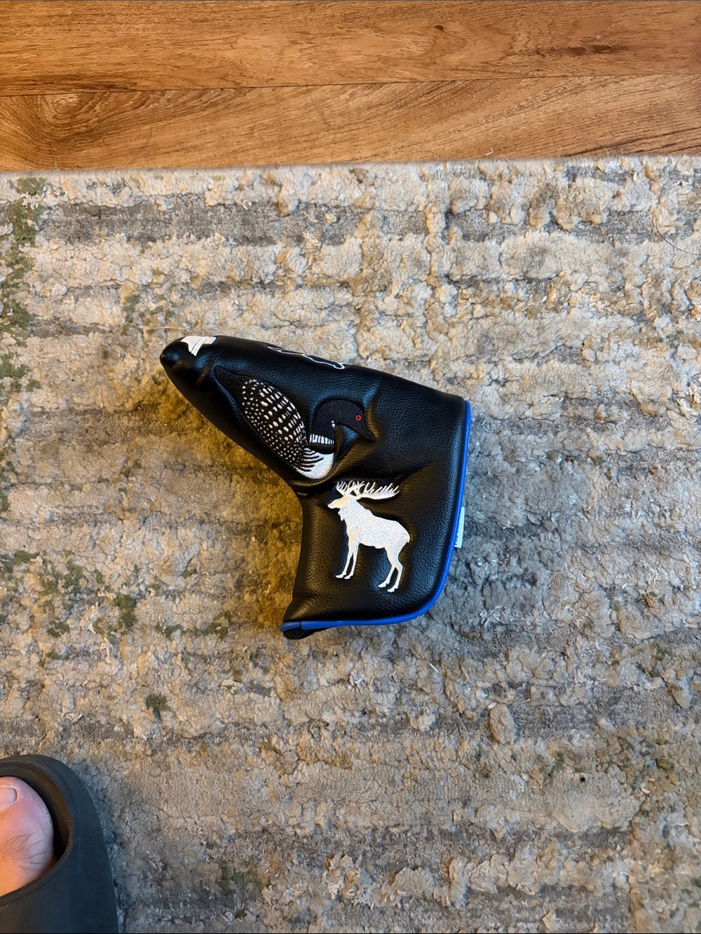 Black Leather Golf Putter Headcover with White Moose and Loon Design